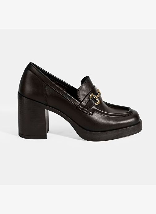 Kadın Kahve Metal Toka Detaylı Kalın Topuklu Loafer - Görsel 3