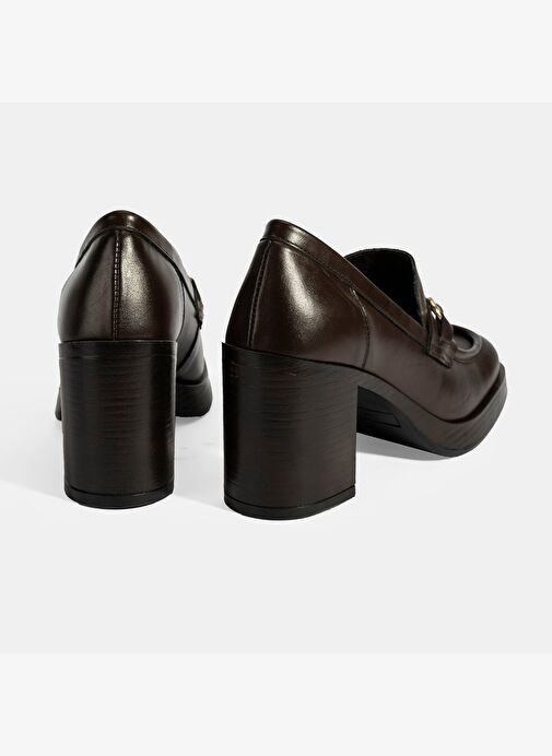 Kadın Kahve Metal Toka Detaylı Kalın Topuklu Loafer - Görsel 9