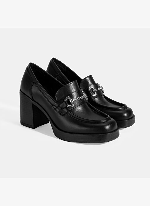 Kadın Siyah Metal Toka Detaylı Kalın Topuklu Loafer - Görsel 2