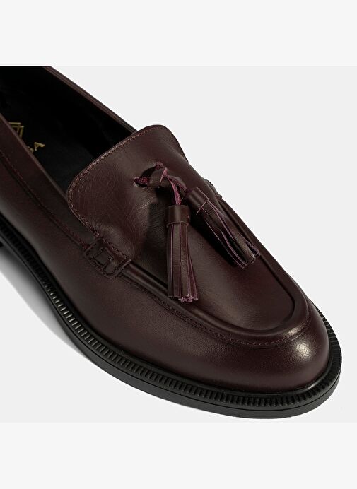 Kadın Bordo Püskül Detaylı Deri Loafer - Görsel 7