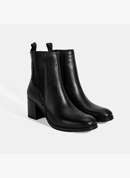 Kadın Siyah Lastik Detaylı Topuklu Deri Bot - Görsel 2