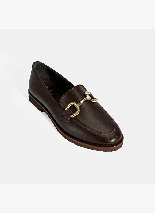 Kadın Kahve Metal Toka Aksesuarlı Deri Loafer - Görsel 6