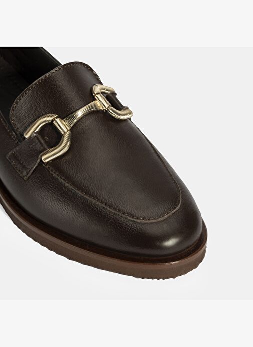 Kadın Kahve Metal Toka Aksesuarlı Deri Loafer - Görsel 7