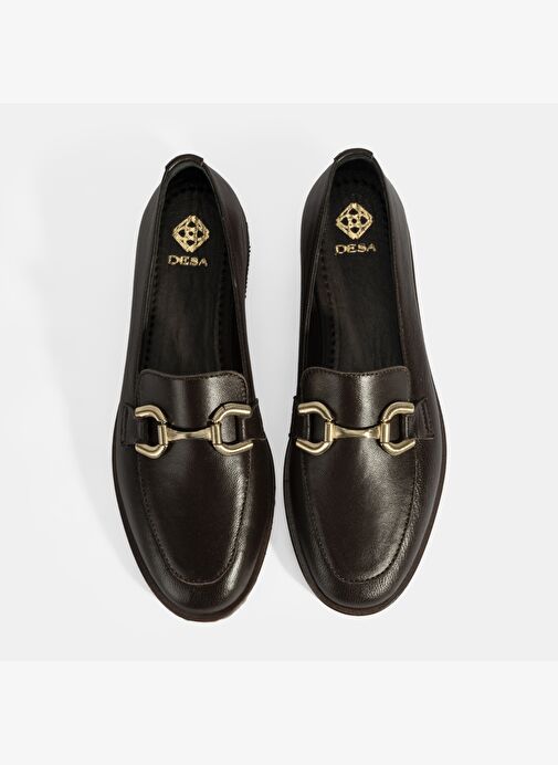 Kadın Kahve Metal Toka Aksesuarlı Deri Loafer - Görsel 8