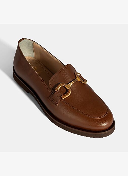 Kadın Taba Metal Toka Aksesuarlı Deri Loafer - Görsel 6