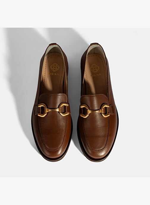 Kadın Taba Metal Toka Aksesuarlı Deri Loafer - Görsel 9