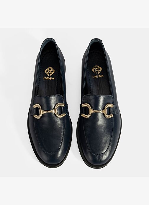 Kadın Lacivert Metal Toka Aksesuarlı Deri Loafer - Görsel 8