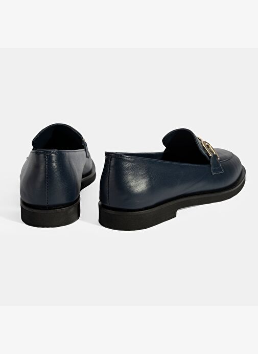 Kadın Lacivert Metal Toka Aksesuarlı Deri Loafer - Görsel 9