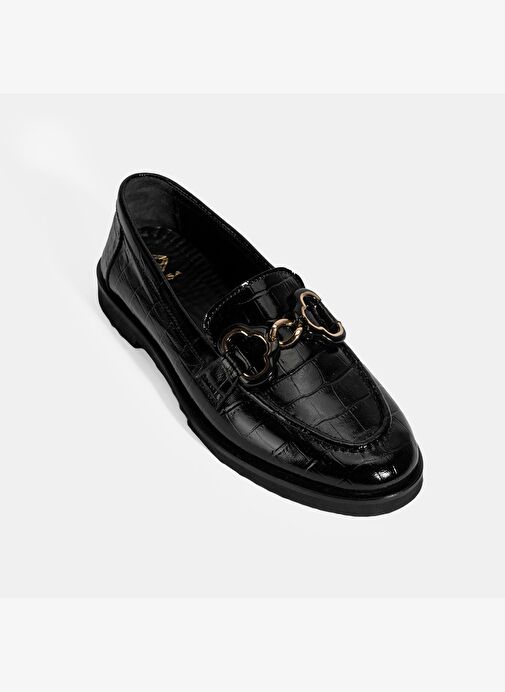 Kadın Siyah Kroko Baskılı Toka Detaylı Deri Loafer - Görsel 6