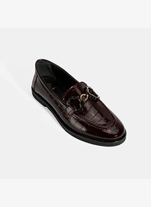 Kadın Bordo Kroko Baskılı Toka Detaylı Deri Loafer - Görsel 6