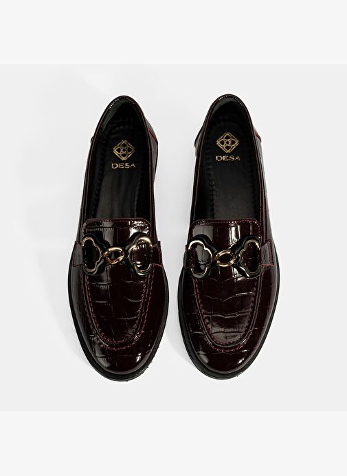 Kadın Bordo Kroko Baskılı Toka Detaylı Deri Loafer - Görsel 8