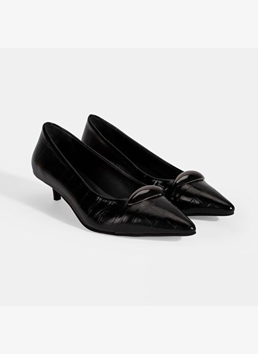 Kadın Siyah Kroko Baskılı Deri Topuklu Ayakkabı - Görsel 2