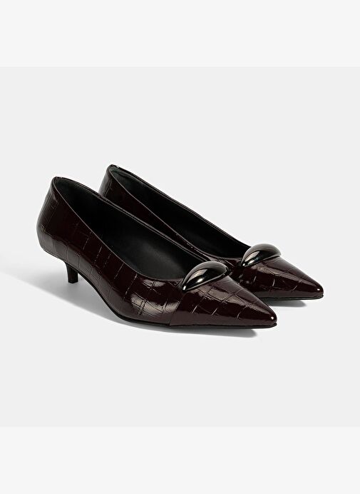 Kadın Bordo Kroko Baskılı Deri Topuklu Ayakkabı - Görsel 2