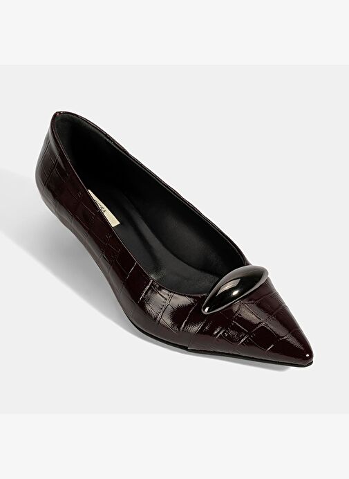 Kadın Bordo Kroko Baskılı Deri Topuklu Ayakkabı - Görsel 6