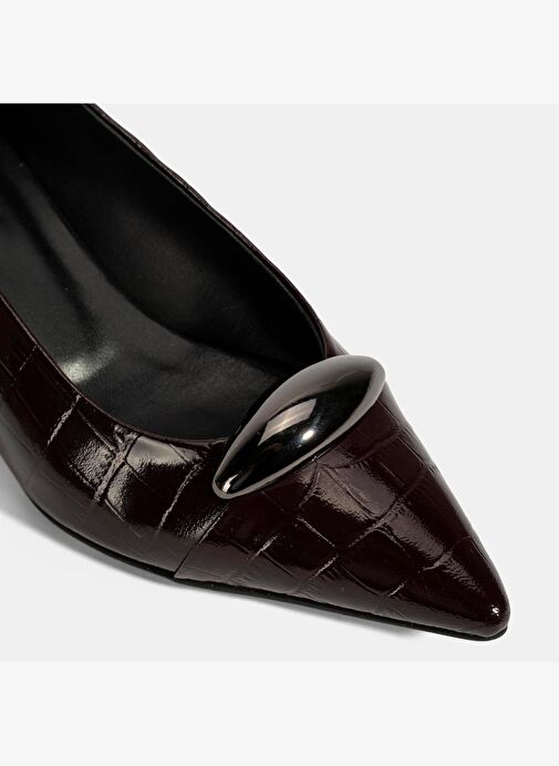 Kadın Bordo Kroko Baskılı Deri Topuklu Ayakkabı - Görsel 7