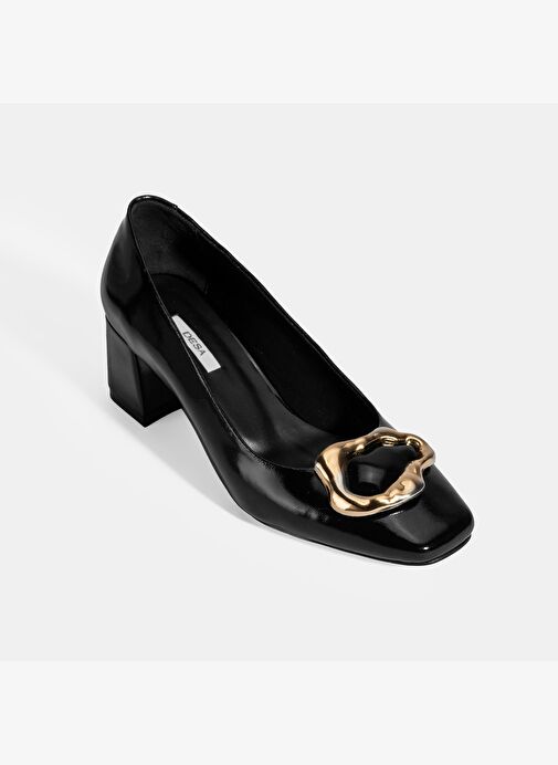 Kadın Siyah Metal Toka Aksesuarlı Rugan Topuklu Ayakkabı - Görsel 6