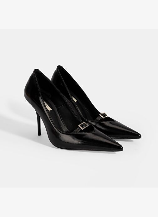 Kadın Siyah Taşlı Toka Detaylı Rugan Topuklu Abiye Ayakkabı - Görsel 2