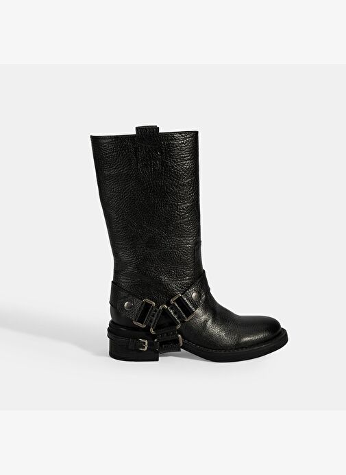 Kadın Siyah Metal Aksesuarlı Deri Biker Bot - Görsel 3