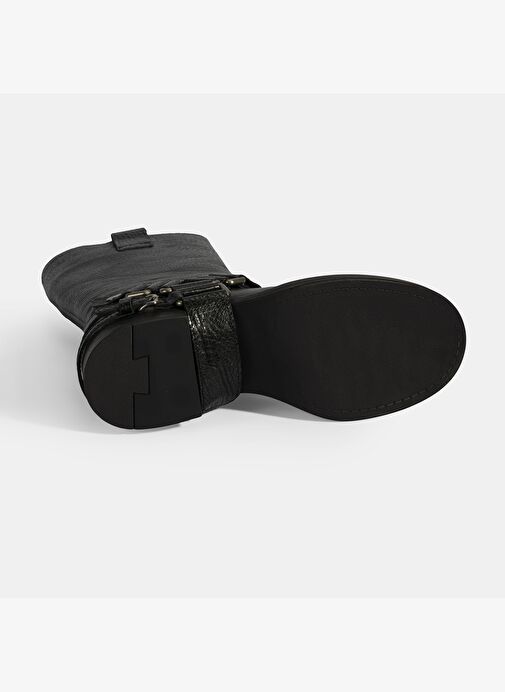 Kadın Siyah Metal Aksesuarlı Deri Biker Bot - Görsel 5