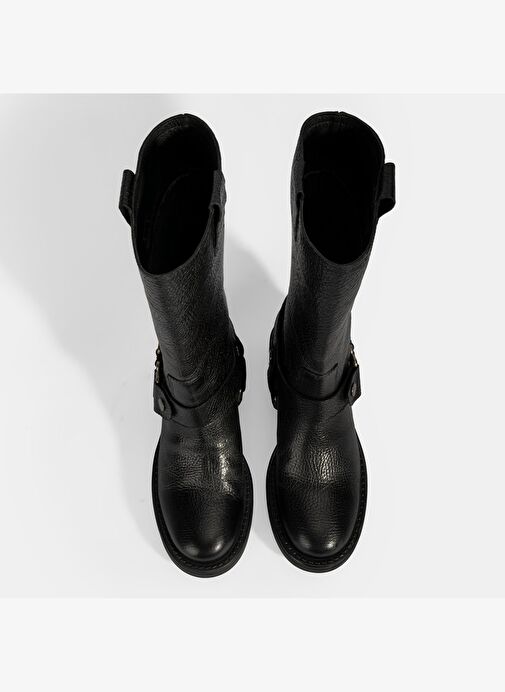 Kadın Siyah Metal Aksesuarlı Deri Biker Bot - Görsel 8