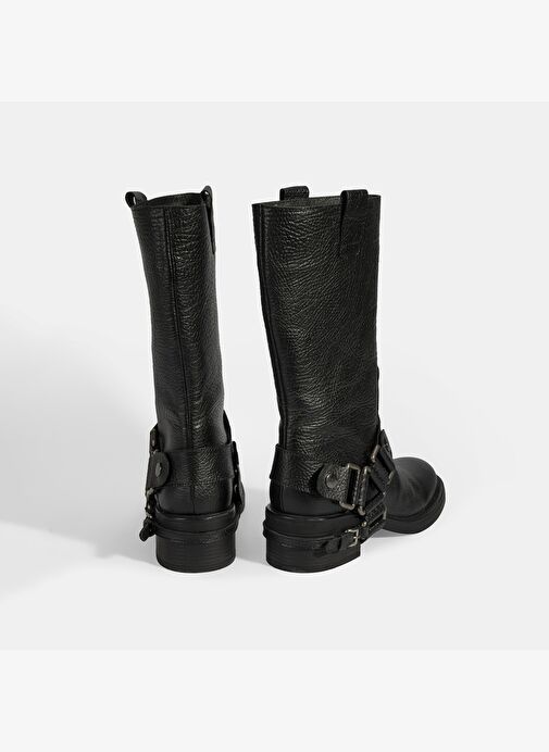 Kadın Siyah Metal Aksesuarlı Deri Biker Bot - Görsel 9