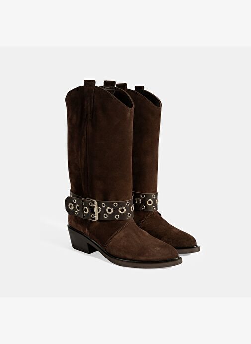 Kadın Kahve Ayarlanabilir Kemer Aksesuarlı Süet Bot - Görsel 2