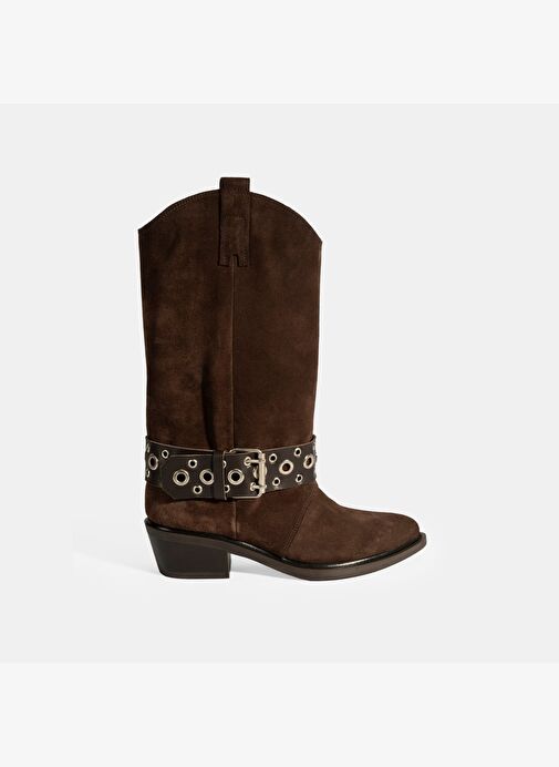 Kadın Kahve Ayarlanabilir Kemer Aksesuarlı Süet Bot - Görsel 3