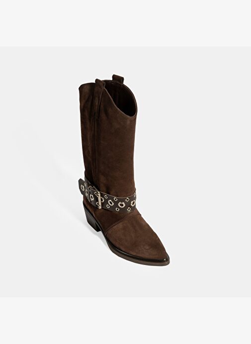 Kadın Kahve Ayarlanabilir Kemer Aksesuarlı Süet Bot - Görsel 6