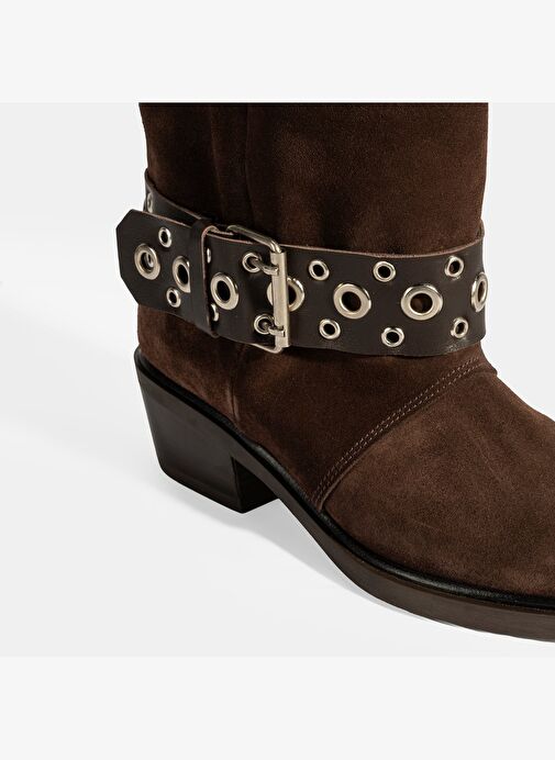 Kadın Kahve Ayarlanabilir Kemer Aksesuarlı Süet Bot - Görsel 7