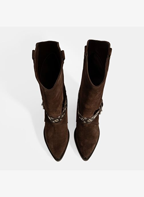 Kadın Kahve Ayarlanabilir Kemer Aksesuarlı Süet Bot - Görsel 8
