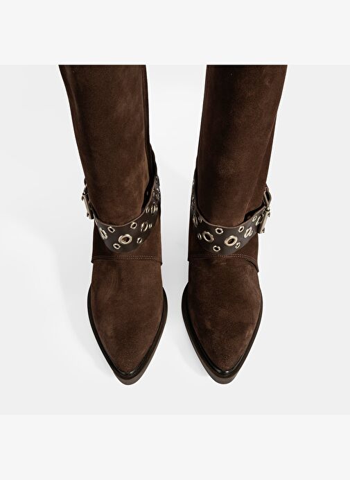 Kadın Kahve Ayarlanabilir Kemer Aksesuarlı Süet Bot - Görsel 9