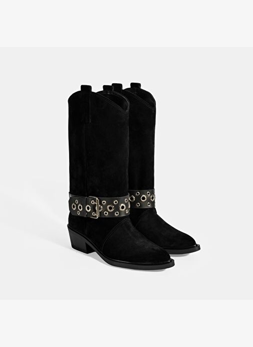 Kadın Siyah Ayarlanabilir Kemer Aksesuarlı Süet Bot - Görsel 2