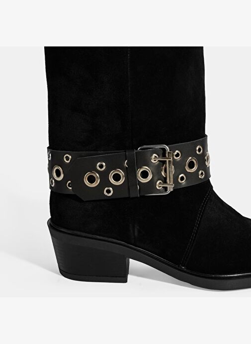 Kadın Siyah Ayarlanabilir Kemer Aksesuarlı Süet Bot - Görsel 7