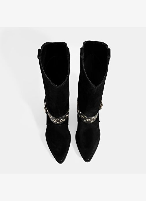 Kadın Siyah Ayarlanabilir Kemer Aksesuarlı Süet Bot - Görsel 8
