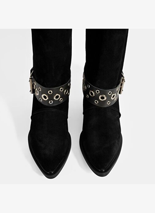 Kadın Siyah Ayarlanabilir Kemer Aksesuarlı Süet Bot - Görsel 9