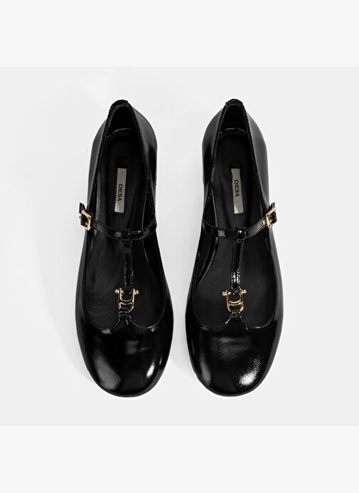 Kadın Siyah Toka Aksesuarlı T-Bant Rugan Topuklu Babet - Görsel 8