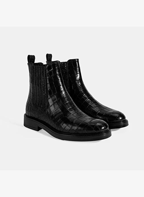 Kadın Siyah Kroko Baskılı Lastikli Deri Bot - Görsel 3