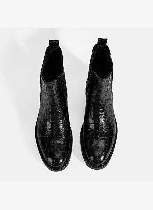 Kadın Siyah Kroko Baskılı Lastikli Deri Bot - Görsel 8