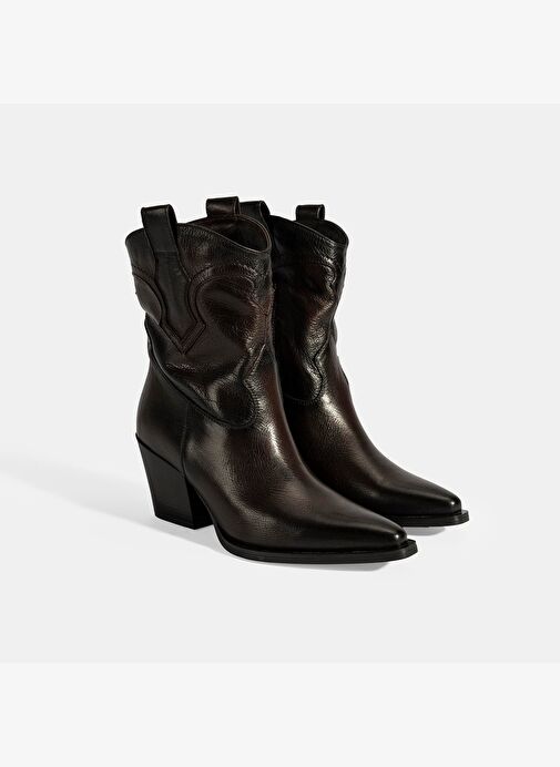 Kadın Kahve Kalın Topuklu Deri Bot - Görsel 3