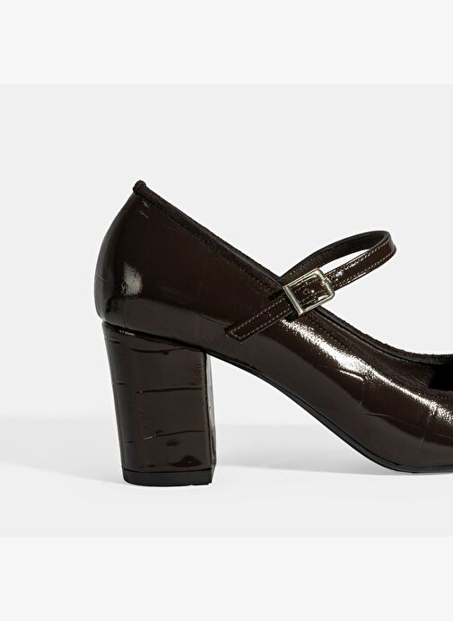 Kadın Kahve Ayarlanabilir Metal Tokalı Mary Jane Topuklu Ayakkabı - Görsel 7