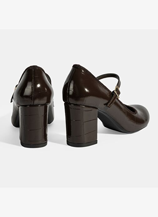 Kadın Kahve Ayarlanabilir Metal Tokalı Mary Jane Topuklu Ayakkabı - Görsel 9