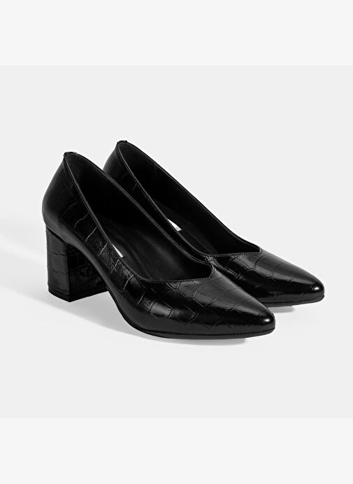Kadın Siyah Kroko Baskılı Topuklu Klasik Ayakkabı - Görsel 2
