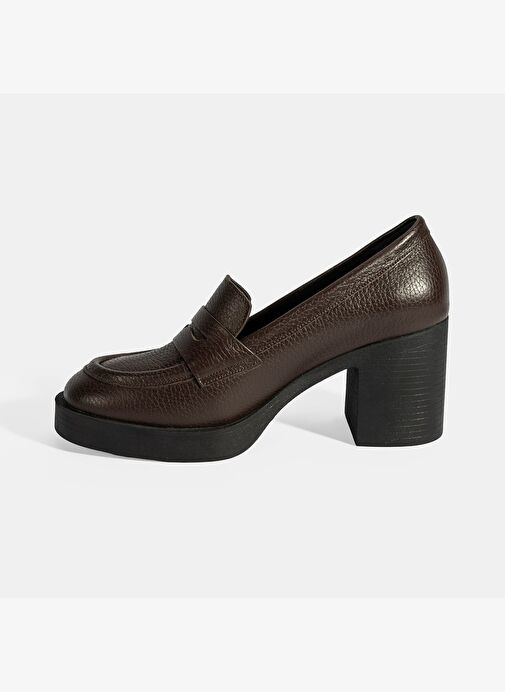 Kadın Kahve Kalın Topuklu Deri Loafer - Görsel 4