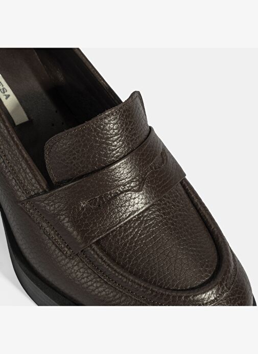 Kadın Kahve Kalın Topuklu Deri Loafer - Görsel 7