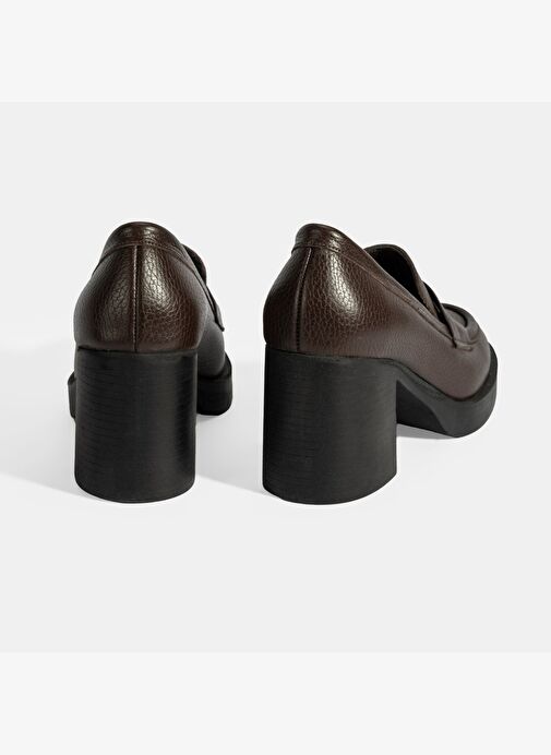 Kadın Kahve Kalın Topuklu Deri Loafer - Görsel 9
