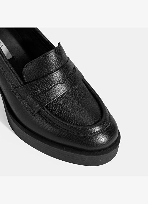 Kadın Siyah Kalın Topuklu Deri Loafer - Görsel 7