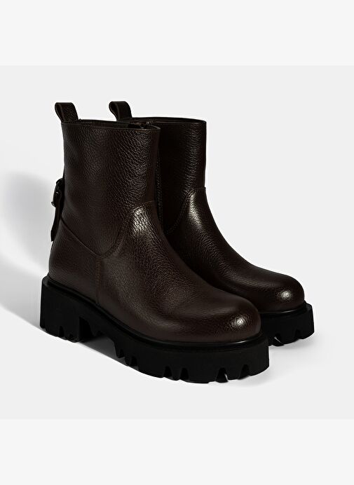 Kadın Kahve Kalın Tabanlı Deri Bot - Görsel 2