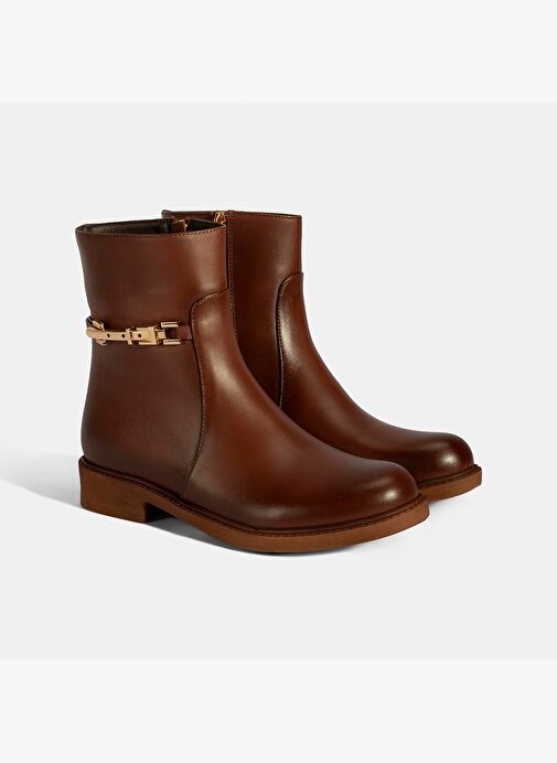 Kadın Taba Metal Aksesuarlı Deri Bot - Görsel 2