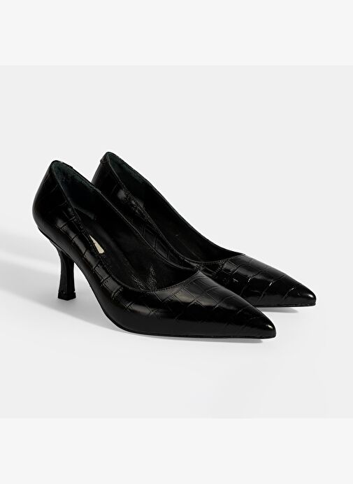 Kadın Siyah Kroko Baskılı Deri Stiletto - Görsel 2