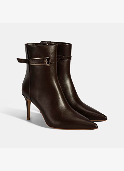 Kadın Kahve Sivri Burunlu İnce Topuklu Deri Bot - Görsel 2